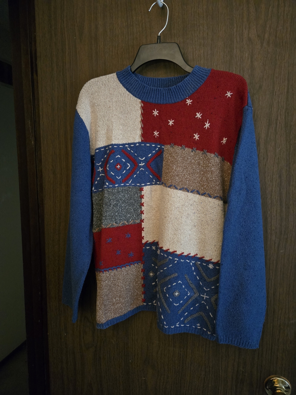 Vintage Multicolor Patchwork Knit Sweater - Women's Casual Crewneck